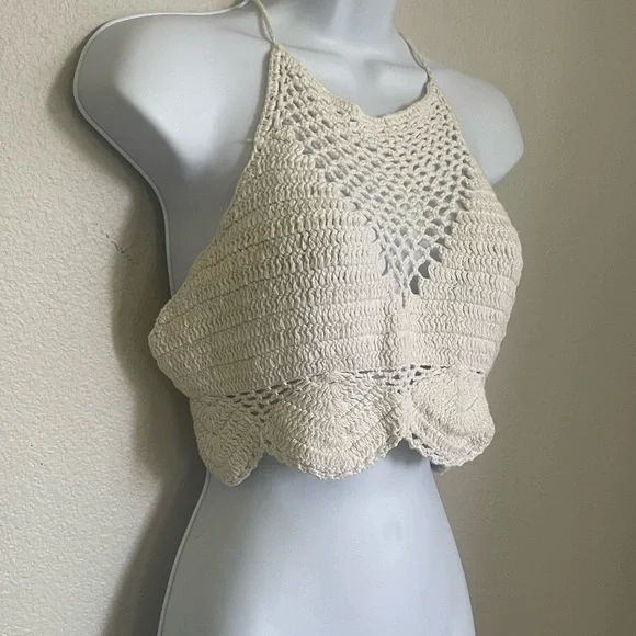 Cotton On XL Cream Crochet Halter Crop Top – Boho Festival Adjustable Tie Back - Picture 10 of 10